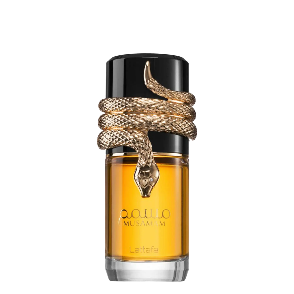 Lattafa Musamam perfume bottle by Lattafa, featuring a black cap with a gold snake coiled around it and amber-colored liquid inside a clear glass bottle.