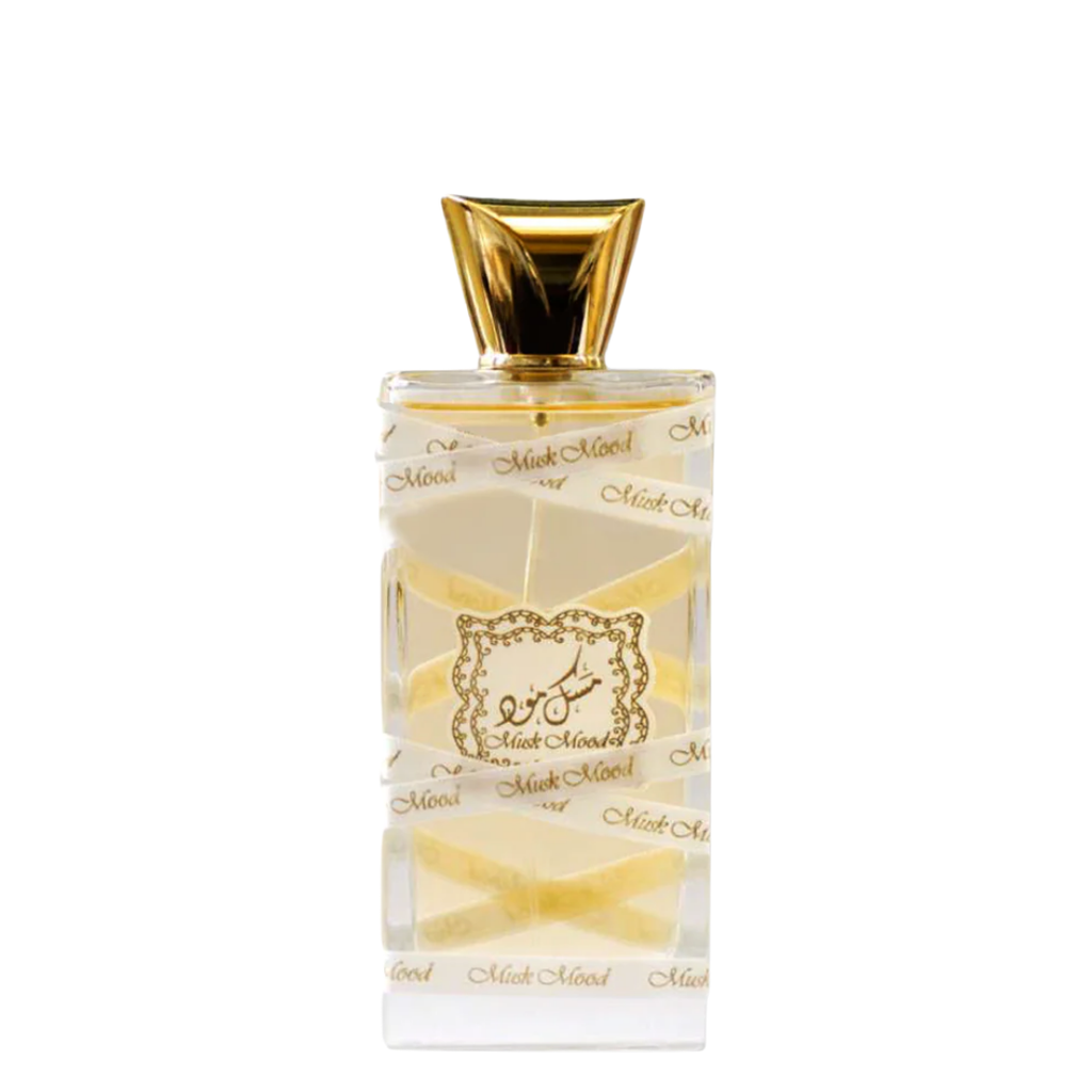 A bottle of Musk Mood Perfume by Lattafa with a clear, golden liquid visible and elegant labeling.