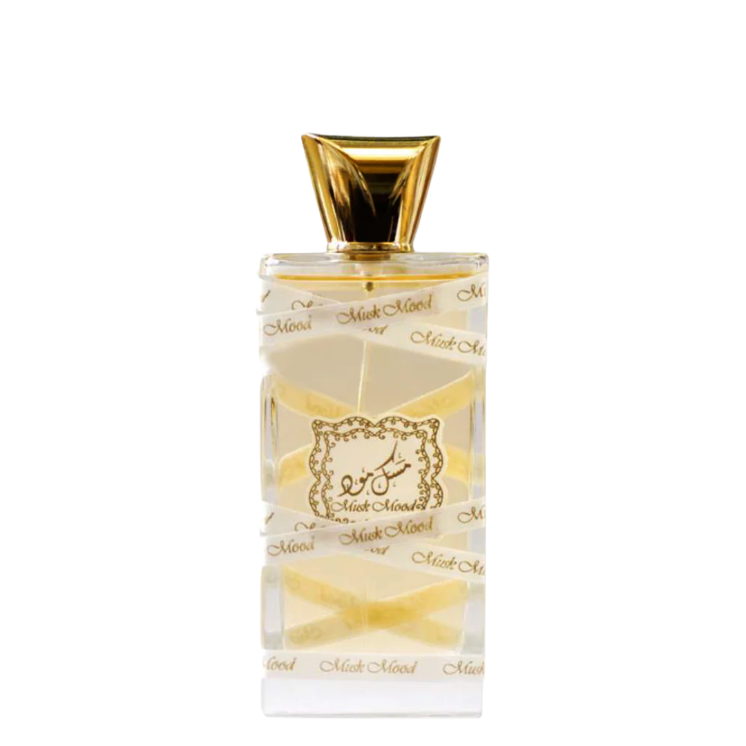 A bottle of Musk Mood Perfume by Lattafa with a clear, golden liquid visible and elegant labeling.