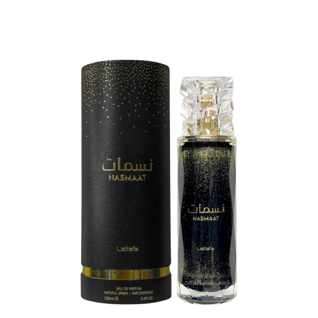 Lattafa Nasmaat Eau de Parfum shown with its black cylindrical box and clear glass spray bottle on a white background.