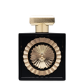 A black bottle of Nebras Perfume with a gold cap and a decorative gold element on the front. Close-up of Lattafa Nebras Eau de Parfum bottle – Luxurious black and gold perfume bottle featuring an ornate circular gold emblem, symbolizing elegance and premium fragrance design.