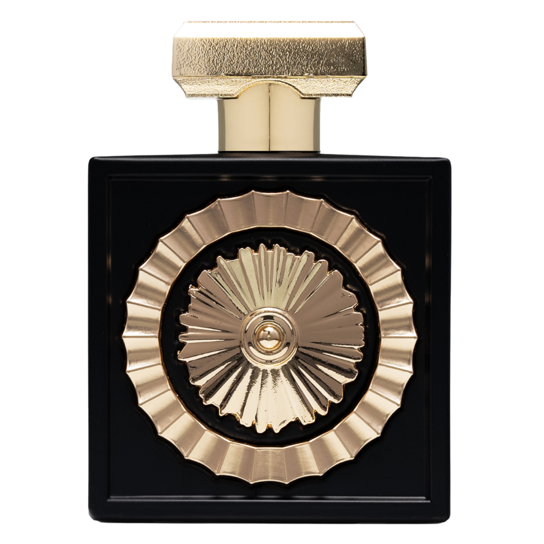A black bottle of Nebras Perfume with a gold cap and a decorative gold element on the front. Close-up of Lattafa Nebras Eau de Parfum bottle – Luxurious black and gold perfume bottle featuring an ornate circular gold emblem, symbolizing elegance and premium fragrance design.