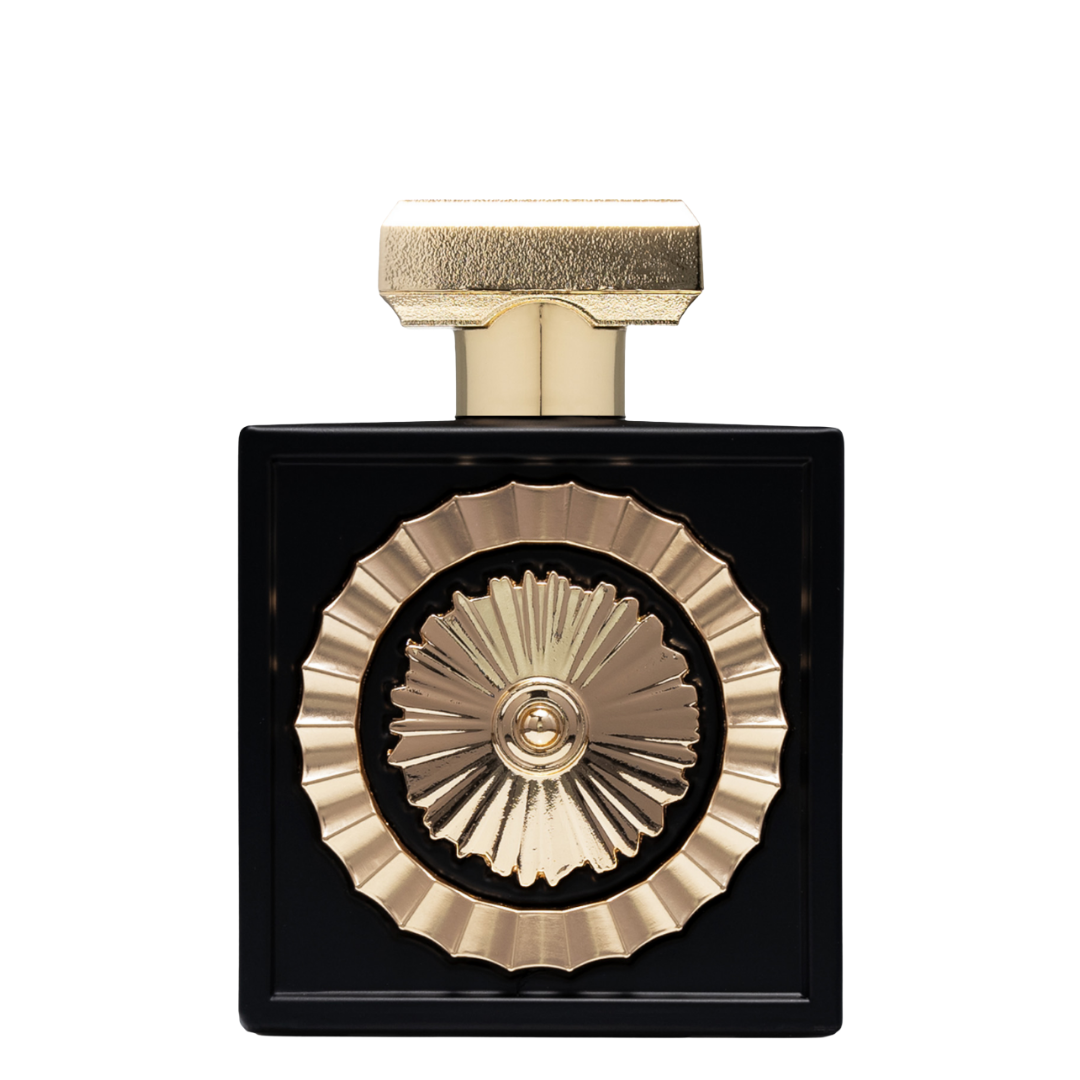 Lattafa Nebras Eau de Parfum bottle on white background – Sophisticated square perfume bottle in black and gold, showcasing intricate circular design detail.