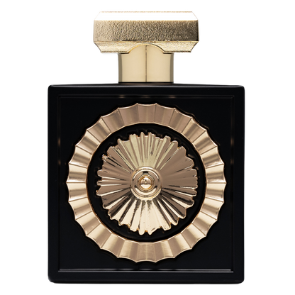 Lattafa Nebras Eau de Parfum bottle on white background – Sophisticated square perfume bottle in black and gold, showcasing intricate circular design detail.