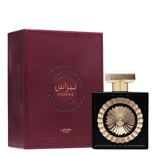 Lattafa Nebras Eau de Parfum with packaging β Black and gold luxury perfume bottle displayed beside deep burgundy embossed gift box, perfect for collectors and fragrance lovers.