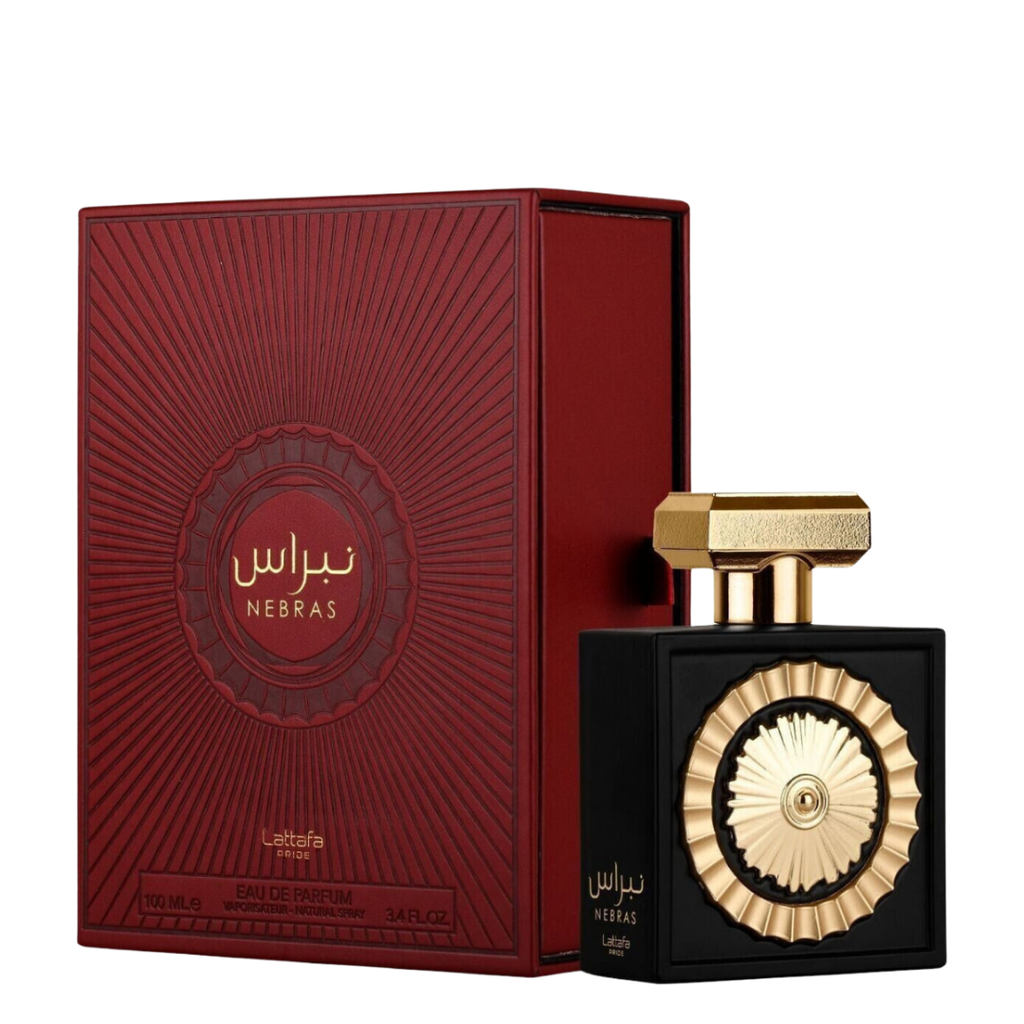 Lattafa Nebras Eau de Parfum bottle and box – Elegant black and gold perfume bottle paired with deep red embossed packaging, offering a luxurious unboxing experience.