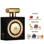 Lattafa Nebras fragrance notes chart – Black and gold perfume bottle alongside top, middle, and base notes: red berries, mandarin orange, vanilla, cacao, rose, sugar, tonka bean, musk, and amber.