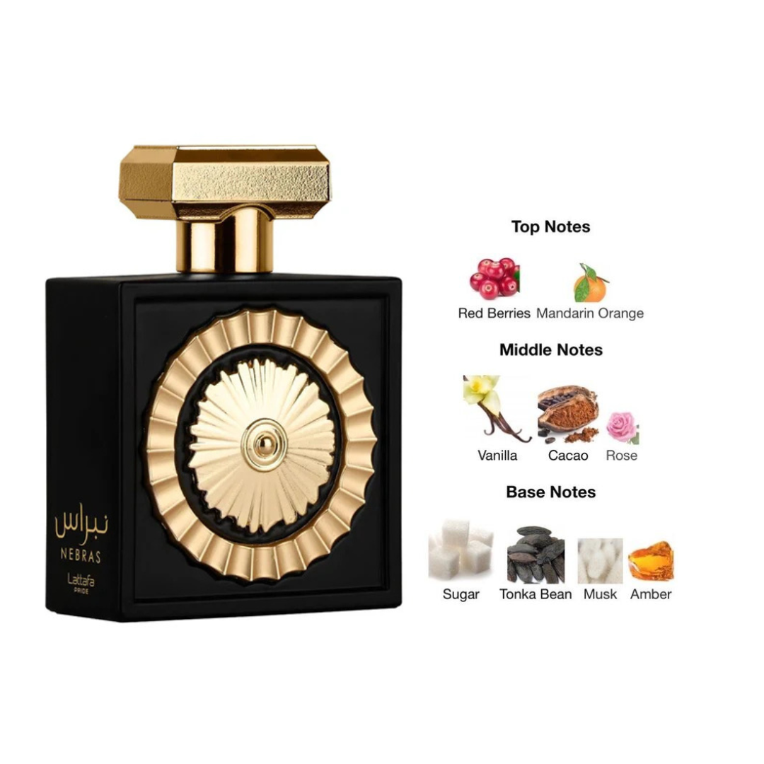 Lattafa Nebras fragrance notes chart – Black and gold perfume bottle alongside top, middle, and base notes: red berries, mandarin orange, vanilla, cacao, rose, sugar, tonka bean, musk, and amber.