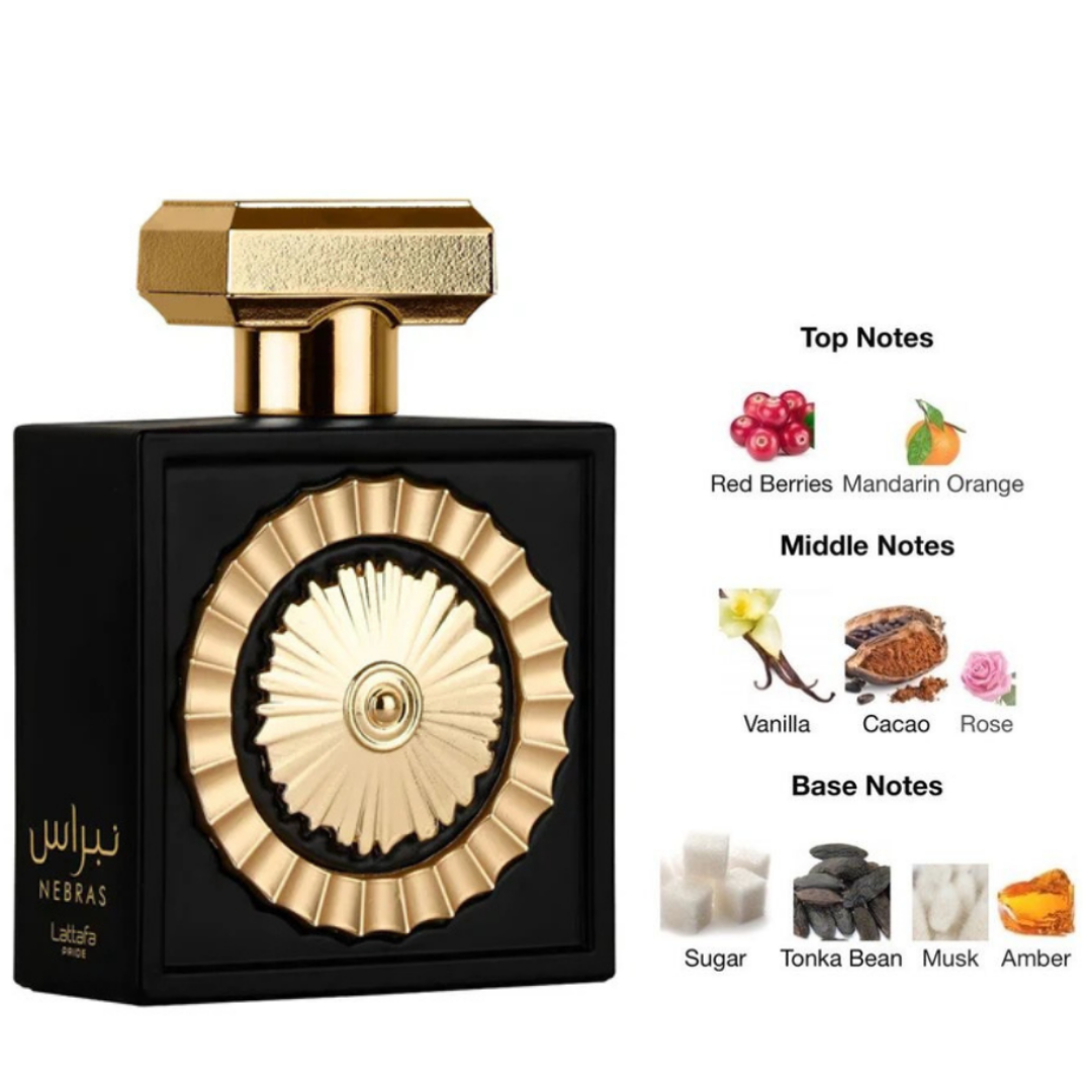Lattafa Nebras fragrance notes chart – Black and gold perfume bottle alongside top, middle, and base notes: red berries, mandarin orange, vanilla, cacao, rose, sugar, tonka bean, musk, and amber.