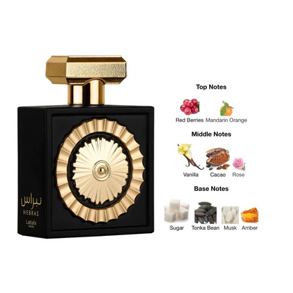 Lattafa Nebras fragrance notes chart – Black and gold perfume bottle alongside top, middle, and base notes: red berries, mandarin orange, vanilla, cacao, rose, sugar, tonka bean, musk, and amber.