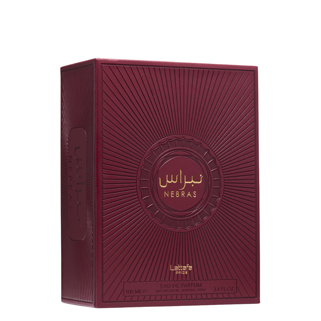 Lattafa Nebras Eau de Parfum box – Rich burgundy perfume packaging with golden Arabic and English text, radiating a sunburst embossed design for a premium aesthetic.
