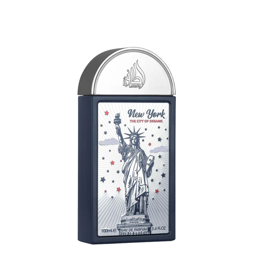 New York City of Dreams Eau de Parfum bottle with a navy blue body, silver metallic cap, and a graphic of the Statue of Liberty on the front.