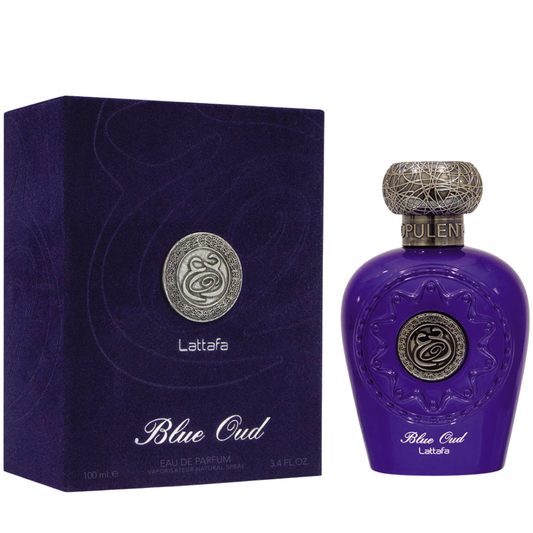Purple perfume bottle with packaging on a white background. Lattafa Opulent Blue Oud Unisex Perfume