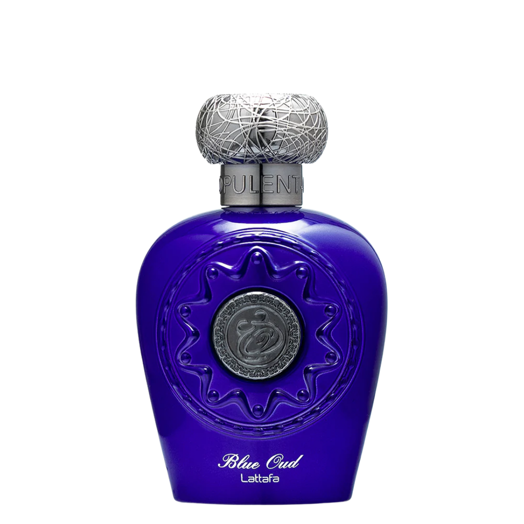 A perfume bottle of Opulent Oud Blue with a deep blue color and a silver cap featuring intricate designs. Lattafa Opulent Blue Oud Unisex Perfume
