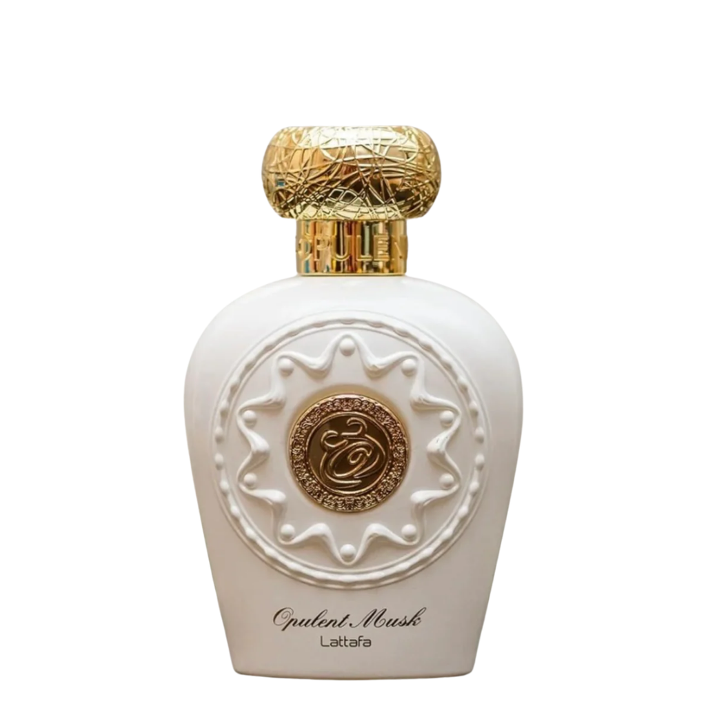 A bottle of Opulent Oud Perfume by Lattafa with a white label, gold embellishments, and a gold-colored cap. Lattafa Opulent Musk Womens Perfume