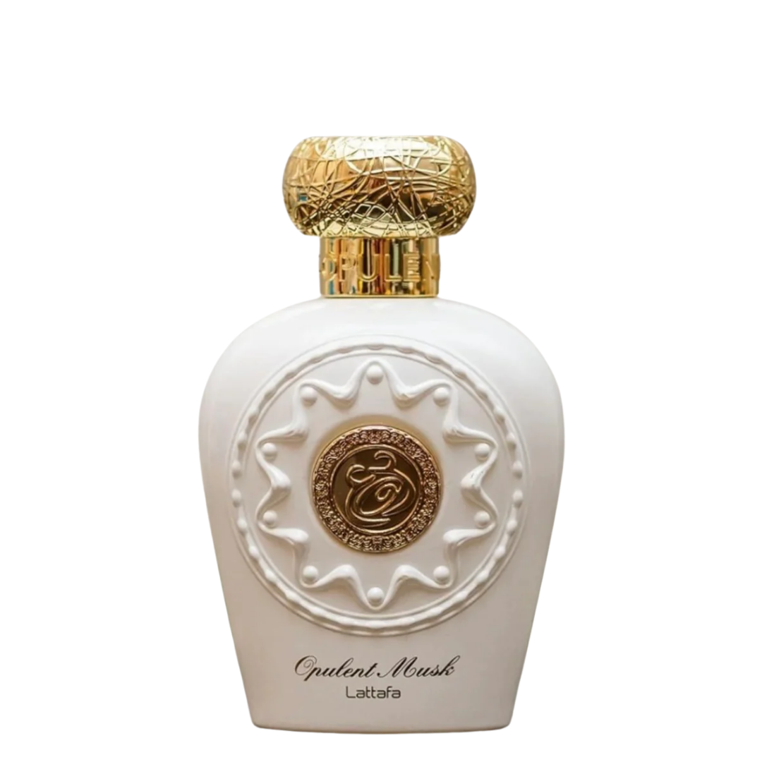 A bottle of Opulent Oud Perfume by Lattafa with a white label, gold embellishments, and a gold-colored cap. Lattafa Opulent Musk Womens Perfume