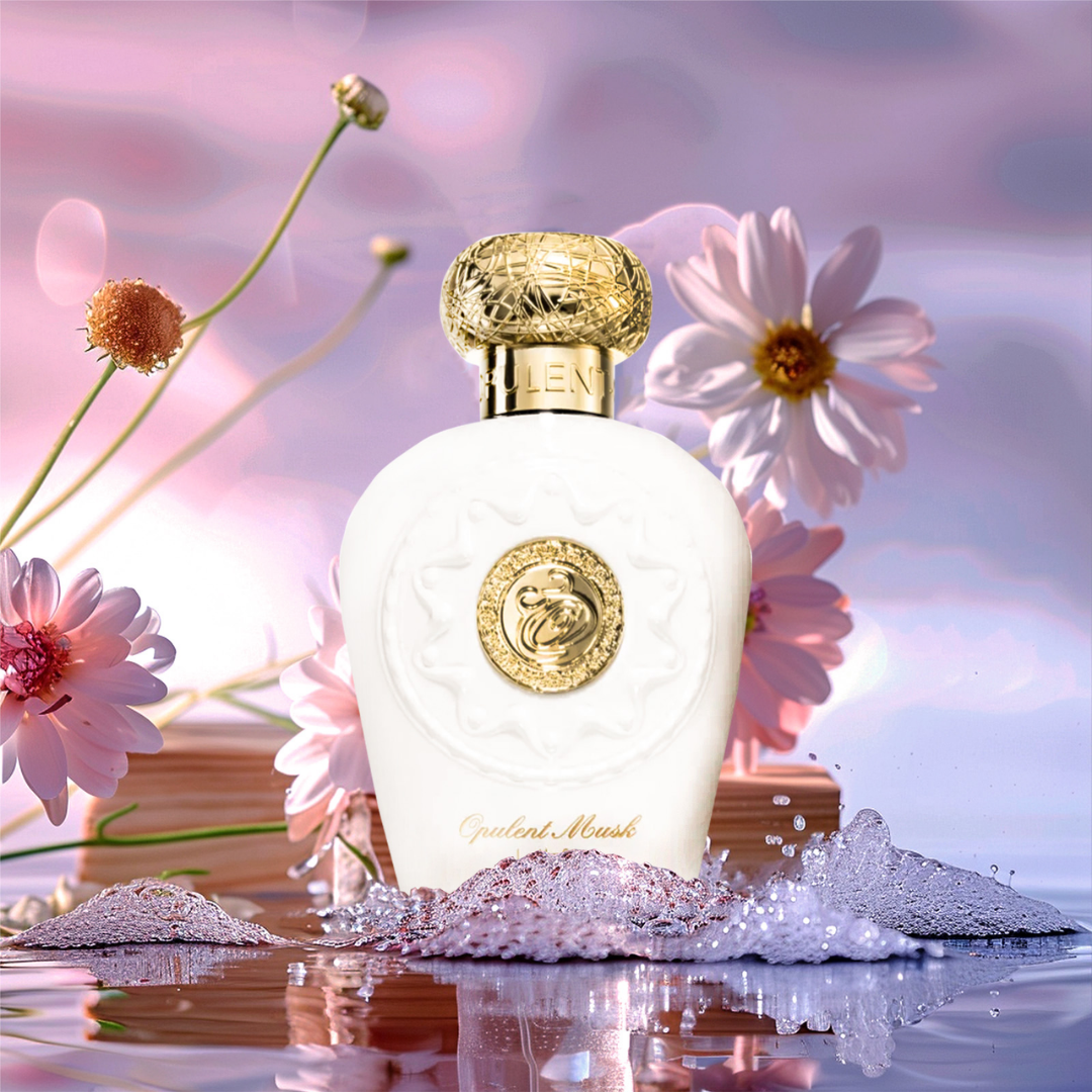 Perfume bottle with gold cap on a reflective surface with flowers in the background. Lattafa Opulent Musk Womens Perfume