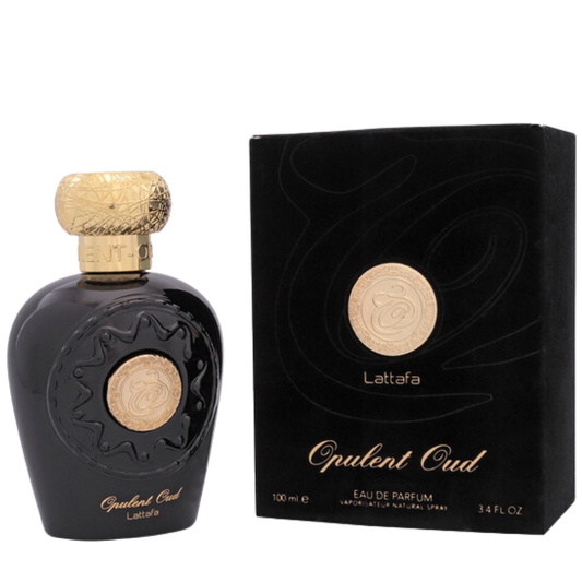 Perfume bottle and packaging on a white background. Lattafa Opulent Oud Unisex Perfume