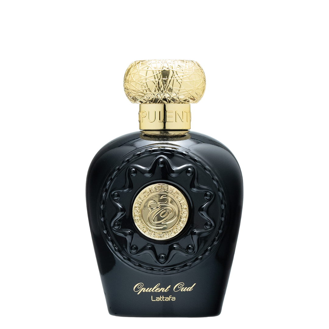 A black bottle of Opulent Oud perfume with a gold cap and label detailing the name and brand. Lattafa Opulent Oud Unisex Perfume