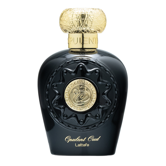 A black bottle of Opulent Oud perfume with a gold cap and label detailing the name and brand. Lattafa Opulent Oud Unisex Perfume