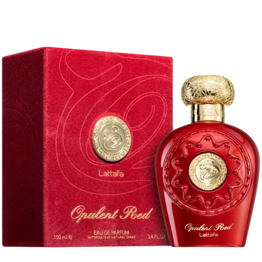 Red perfume bottle and packaging on a white background. Lattafa Opulent Red Unisex Perfume