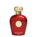 A red perfume bottle with a gold cap, labeled 'Opulent Red Lattafa'. Lattafa Opulent Red Unisex Perfume