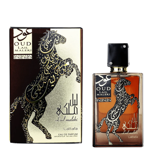 Perfume bottle and packaging with horse design and Arabic text. Lattafa Oud Lail Maleki Unisex Perfume