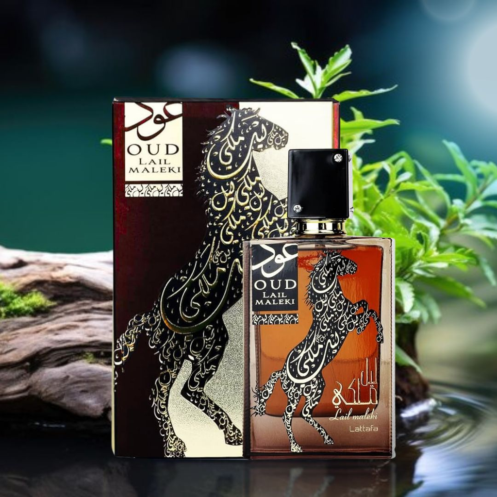 Perfume bottle and packaging with decorative horse design against a natural background. Lattafa Oud Lail Maleki Unisex Perfume