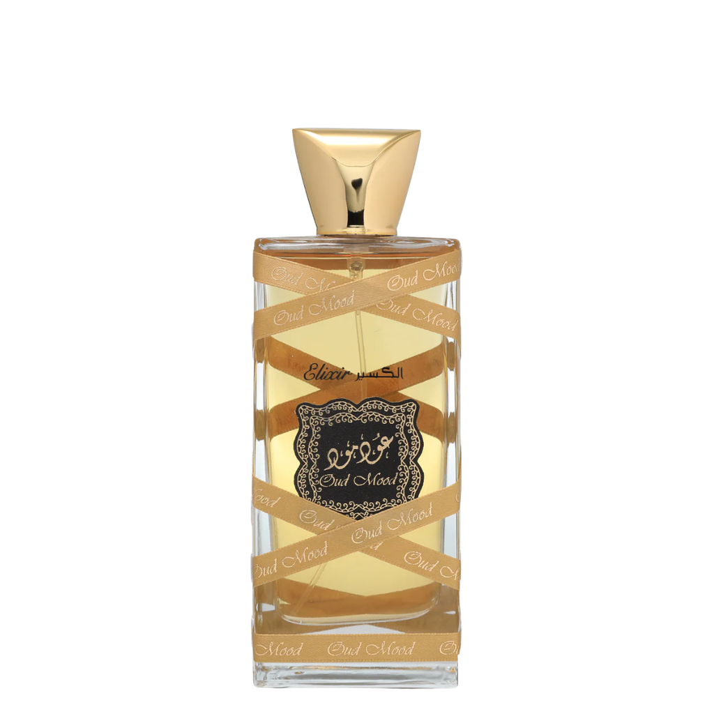 Oud Mood Elixir by Lattafa 100ml Eau de Parfum – luxurious Arabian fragrance in elegant gold-trimmed bottle with golden ribbon design, perfect for lovers of rich oud scents. A bottle of Oud Mood Elixir Perfume by Lattafa with a clear liquid visible and a gold cap. The label features the product name and brand, with decorative elements in gold and black.