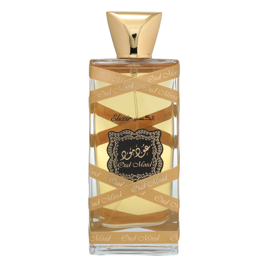 Oud Mood Elixir by Lattafa 100ml Eau de Parfum – luxurious Arabian fragrance in elegant gold-trimmed bottle with golden ribbon design, perfect for lovers of rich oud scents. A bottle of Oud Mood Elixir Perfume by Lattafa with a clear liquid visible and a gold cap. The label features the product name and brand, with decorative elements in gold and black.