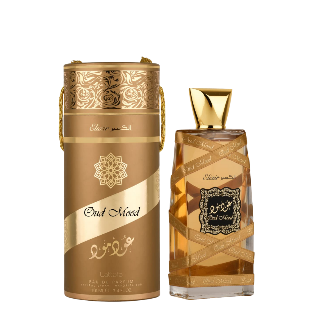 Lattafa Oud Mood Elixir perfume with ornate gold cylindrical packaging – premium unisex Arabian fragrance combining oud, amber, and spice.