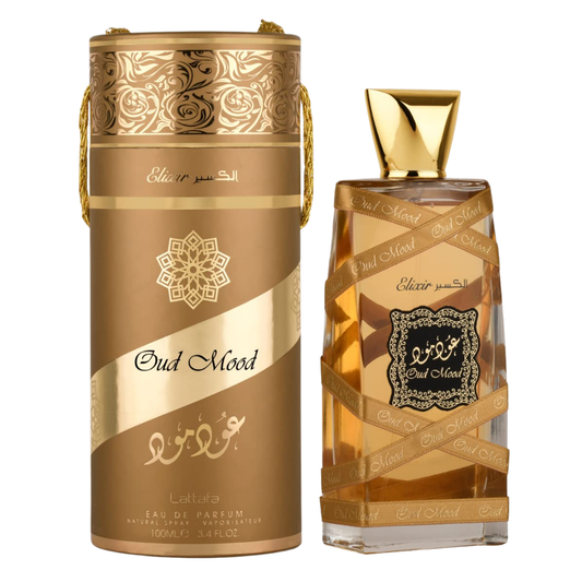 Lattafa Oud Mood Elixir perfume with ornate gold cylindrical packaging – premium unisex Arabian fragrance combining oud, amber, and spice.