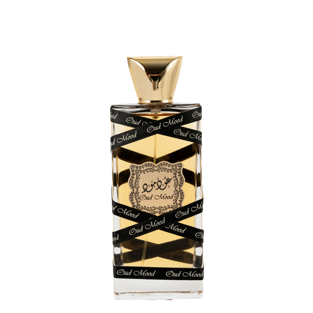 Oud Mood by Lattafa Eau de Parfum – elegant gold and black perfume bottle with luxurious Arabic design 