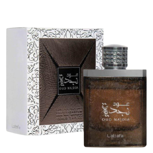 Lattafa Oud Najdia perfume bottle and packaging on a white background