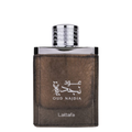 Lattafa Oud Najdia perfume bottle with brown leather texture and silver cap on a white background