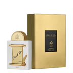 Lattafa: Peace & Love Eau de Parfum gift set, featuring a white box with a gold scroll design and perfume bottle next to its large metallic gold outer packaging box.