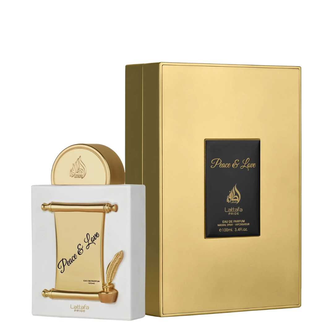 Lattafa: Peace & Love Eau de Parfum gift set, featuring a white box with a gold scroll design and perfume bottle next to its large metallic gold outer packaging box.