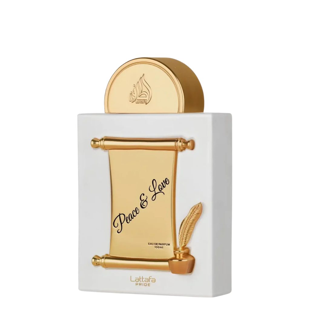 Lattafa Pride Peace & Love Eau de Parfum bottle, featuring a white rectangular box with a gold scroll design and a gold cap, set against a plain white background.
