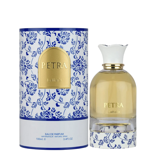 Petra Lattafa perfume bottle and packaging with floral design.