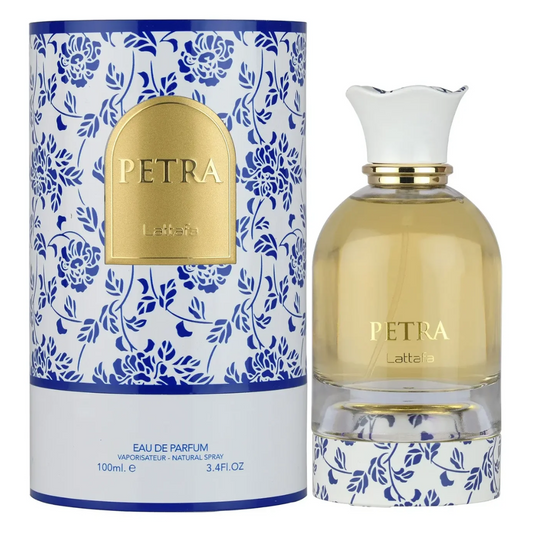 Petra Lattafa perfume bottle and packaging with floral design.