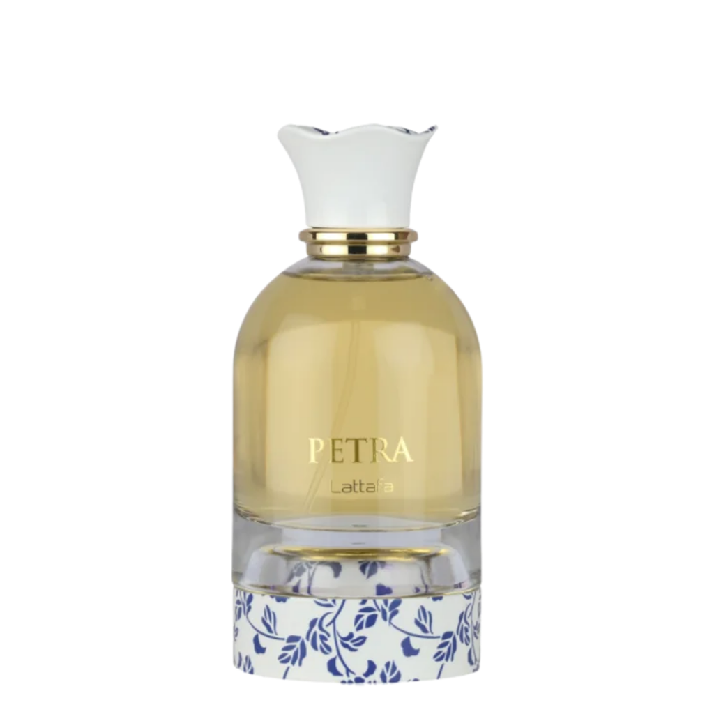 Perfume bottle labeled 'Petra' with a decorative base on a white background. Lattafa Petra Unisex Perfume.