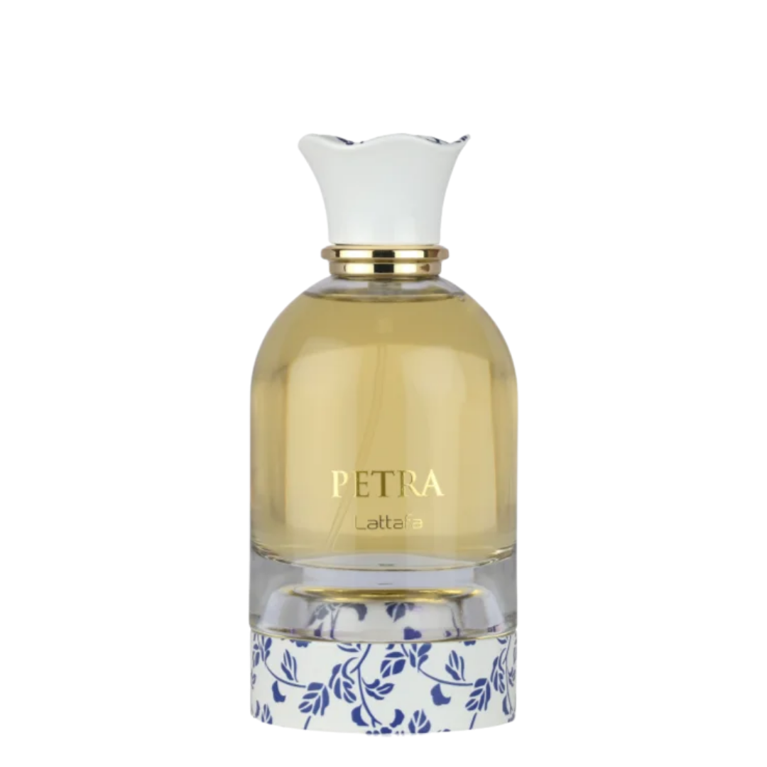 Perfume bottle labeled 'Petra' with a decorative base on a white background. Lattafa Petra Unisex Perfume.