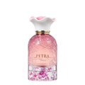 Petra Viola Eau de Parfum bottle by Lattafa, featuring a textured pink glass body, a white flower-shaped cap with pink accents, and a clear base decorated with pink floral patterns.