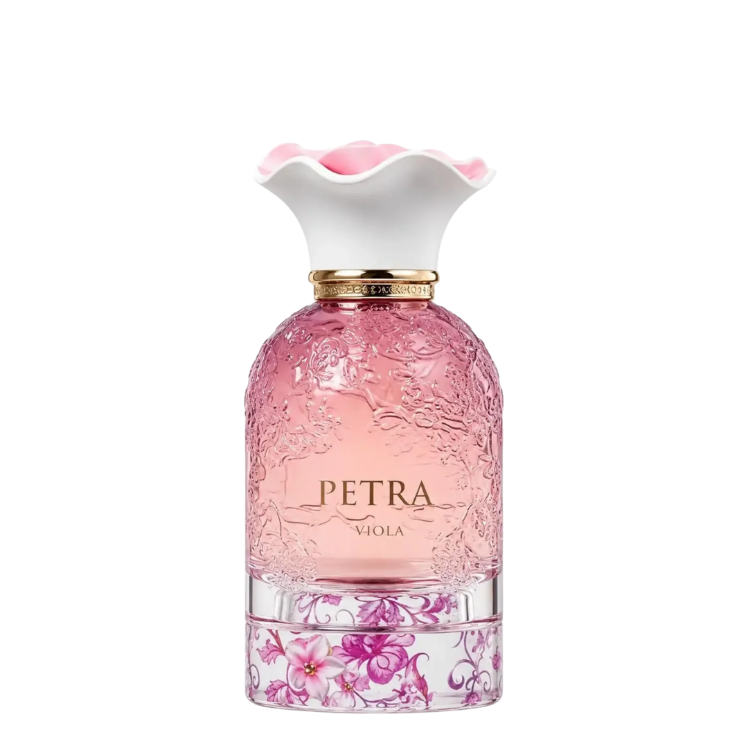 Petra Viola Eau de Parfum bottle by Lattafa, featuring a textured pink glass body, a white flower-shaped cap with pink accents, and a clear base decorated with pink floral patterns.