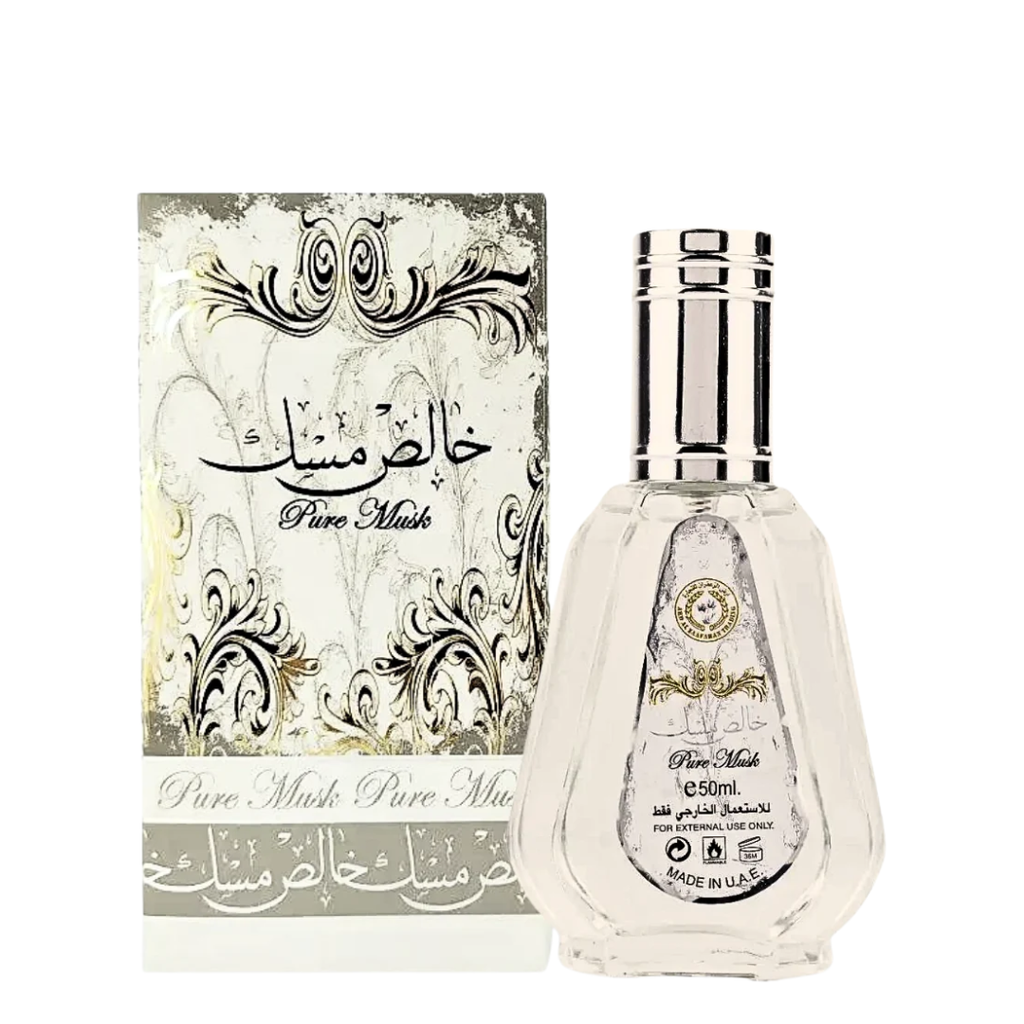Lattafa Pure Musk perfume bottle and its matching decorative packaging box, featuring elegant silver and black ornamental designs on a white background.