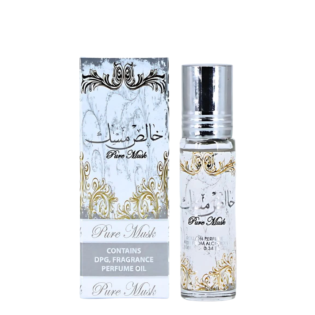 Pure Musk Perfume Oil 10ml roll-on bottle next to its white and gold ornate packaging box, labeled with Arabic text and 'Pure Musk' Lattafa on a white background.