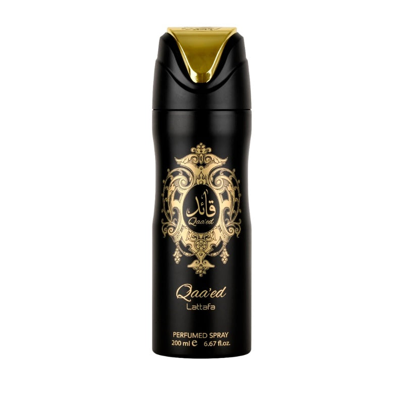 A luxurious gold-colored perfume bottle with a textured cap and the brand name 'Lattafa' displayed prominently. 