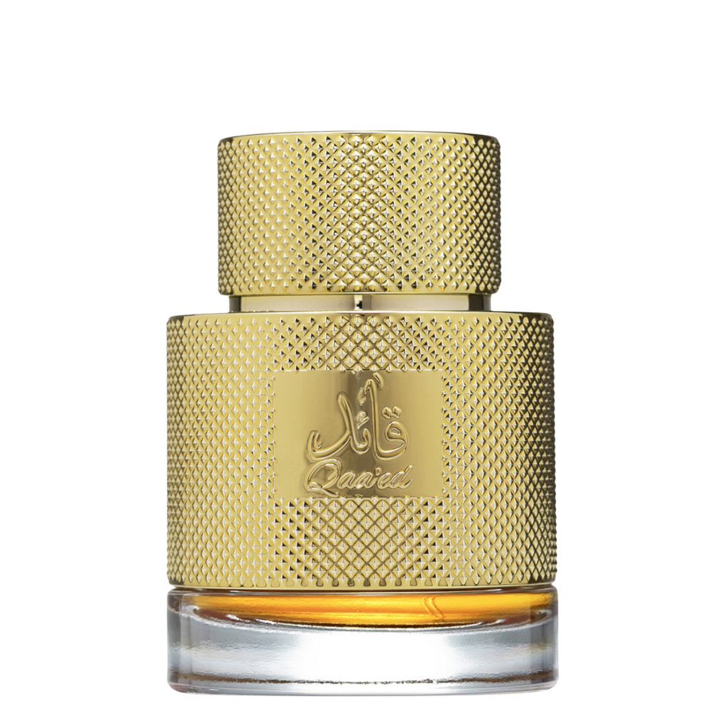 A luxurious gold-colored perfume bottle with a textured cap and the brand name 'Lattafa' displayed prominently.  Qaa’ed by Lattafa golden perfume bottle with intricate textured design, placed alongside premium black and gold packaging, representing Middle Eastern luxury scents.