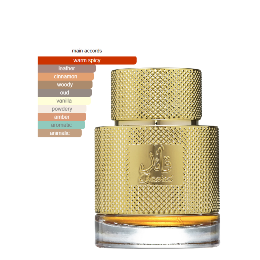 Lattafa Qaa’ed fragrance main accords chart highlighting warm spicy, leather, cinnamon, woody, oud, vanilla, and amber notes beside the signature gold textured perfume bottle. 