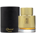 A luxurious gold-colored perfume bottle with a textured cap and the brand name 'Lattafa' displayed prominently. Lattafa Qaa’ed Eau de Parfum – luxurious men’s fragrance in an opulent gold textured bottle with black embossed packaging, showcasing Arabic calligraphy and oriental elegance.